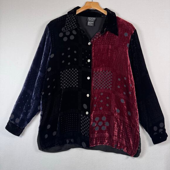 VTG Koos of Course! Burn Out Velvet Patchwork Button Up Shirt Retro Goth Large - Picture 1 of 8